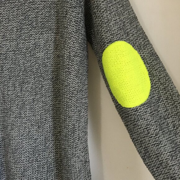 NWOT Grey Knit Drop Tail Hem Sweater With Acid Yellow Elbow Patches - Picture 7 of 16